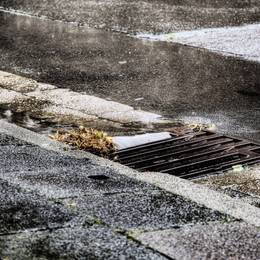 A black and white photo of a manhole cover in the rain.