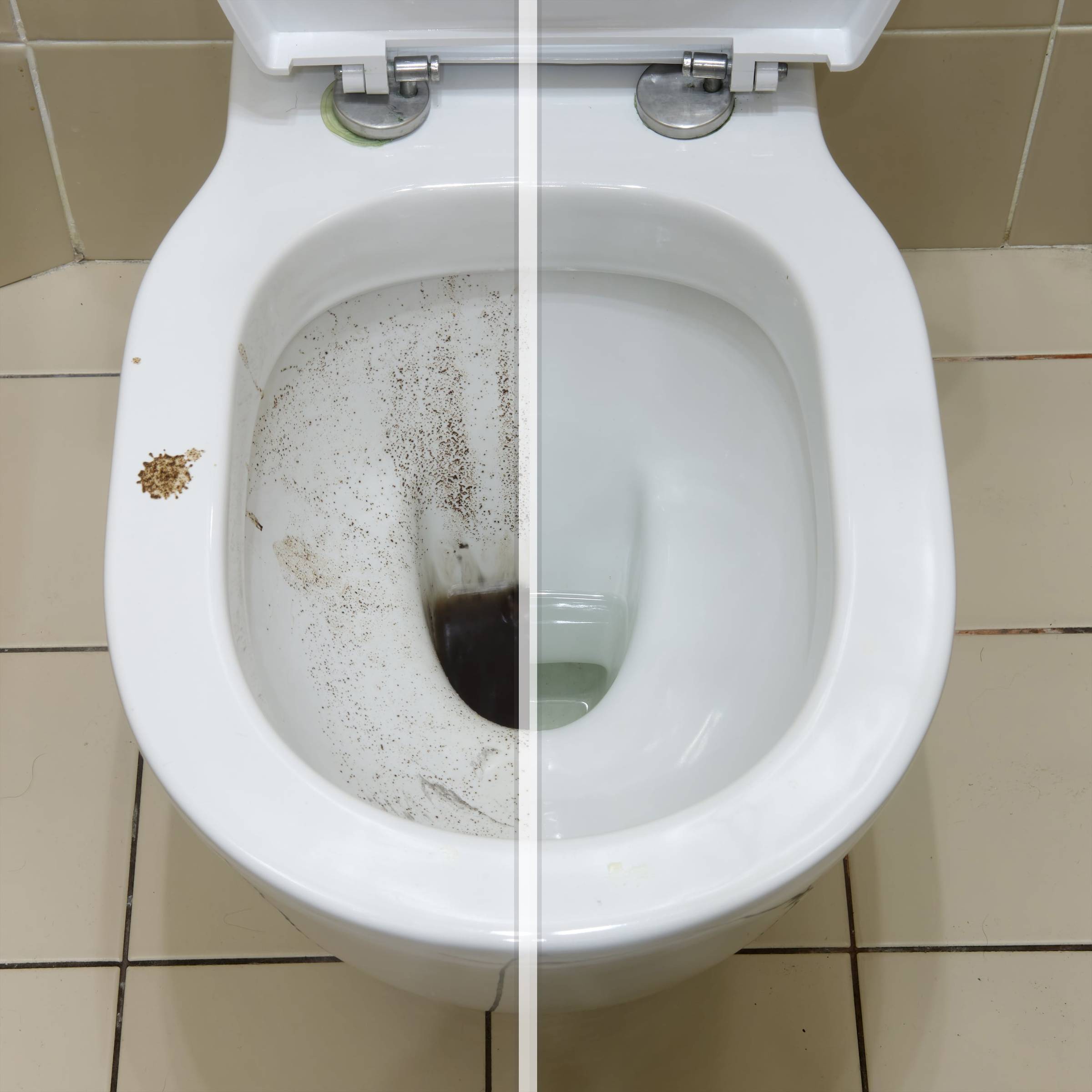 A man cleaning a toilet with a hose.